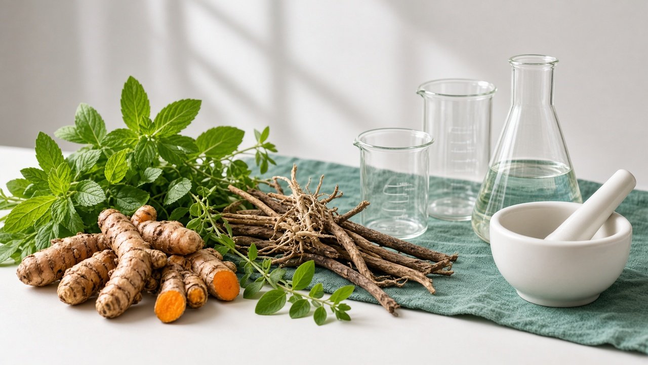 Turmeric and ashwagandha roots beside laboratory glassware, blending Ayurveda with modern science
