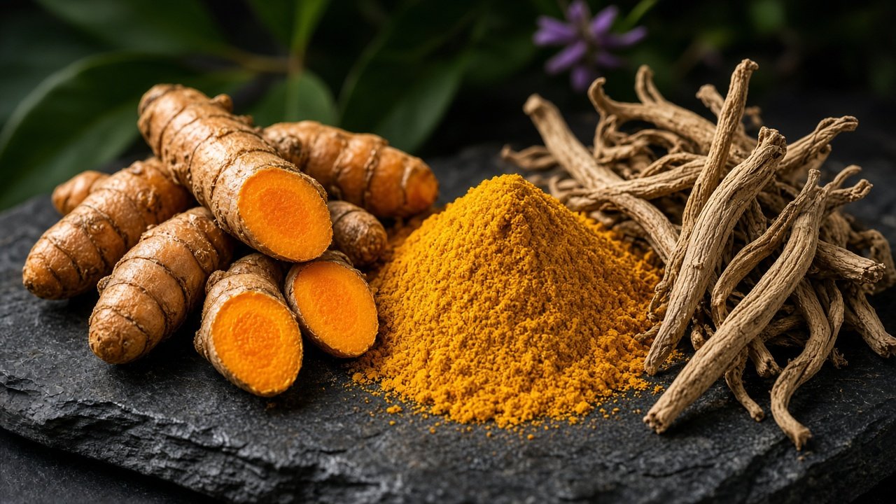 Turmeric root and golden powder with ashwagandha, the hero image for botanical extracts