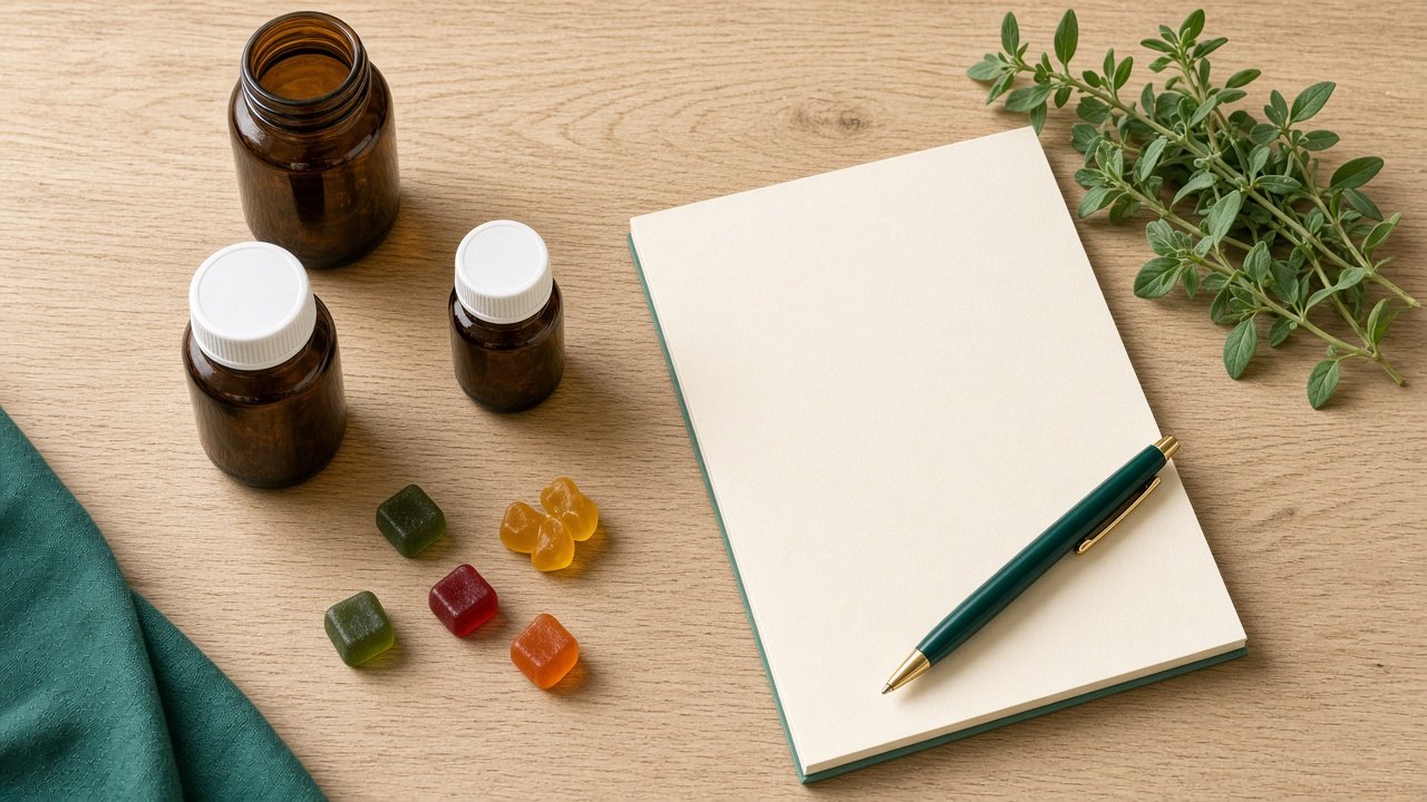 Flat lay of supplement bottles, gummies, and a notepad for choosing safe natural products