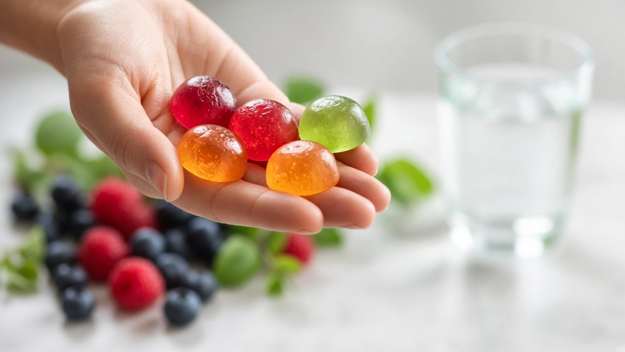 Hand holding fruit-colored probiotic gummies, the hero image for Niskrti Pharma’s gut health article