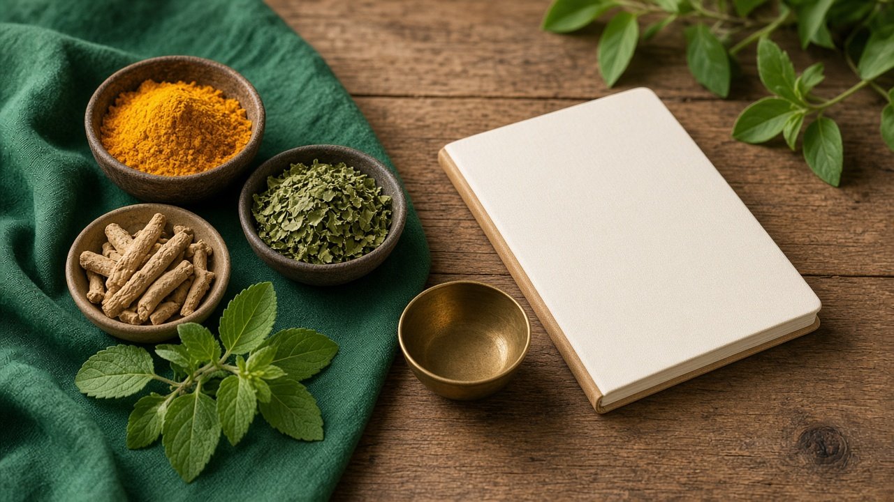 Indian botanicals including turmeric and tulsi arranged for a global herbal wellness story