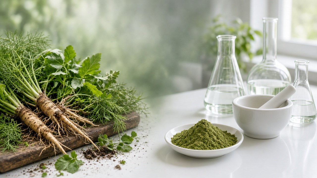Fresh herbs beside laboratory glassware, showing the path from farm to formulation