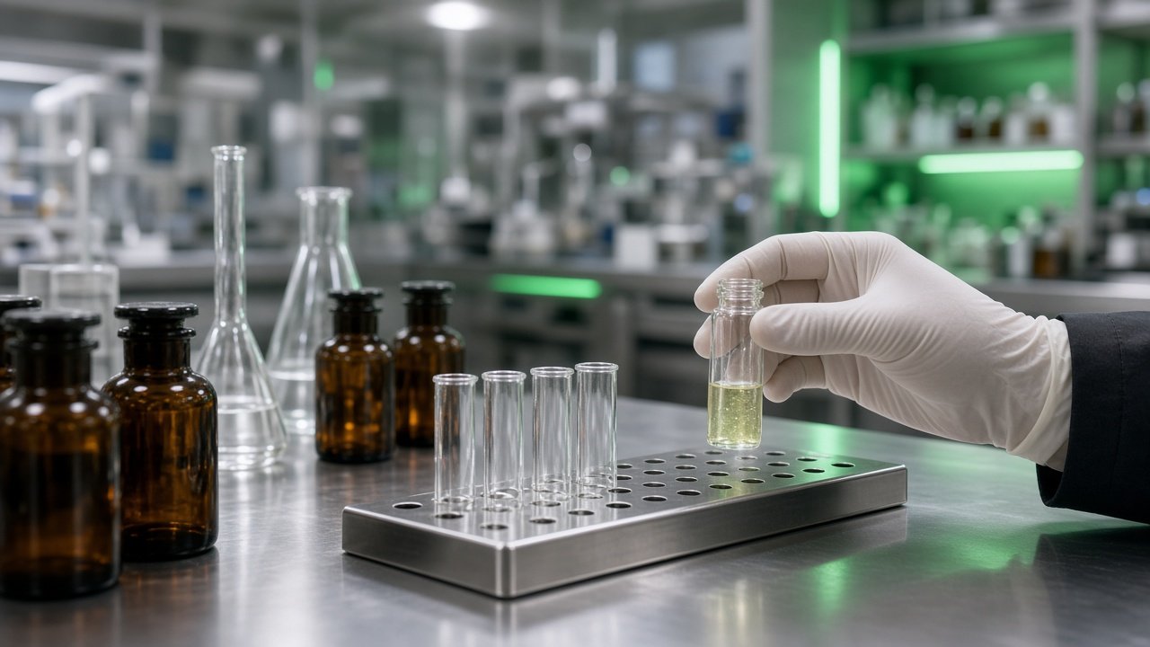 A clean nutraceutical quality laboratory with glassware and sample vials