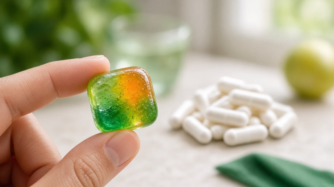 A fruit gummy held in front of a blurred pile of capsules, showing an alternative to pill fatigue