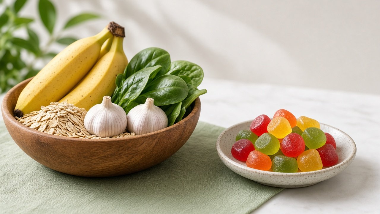 Prebiotic foods beside colorful gummies, illustrating probiotics and prebiotics working together