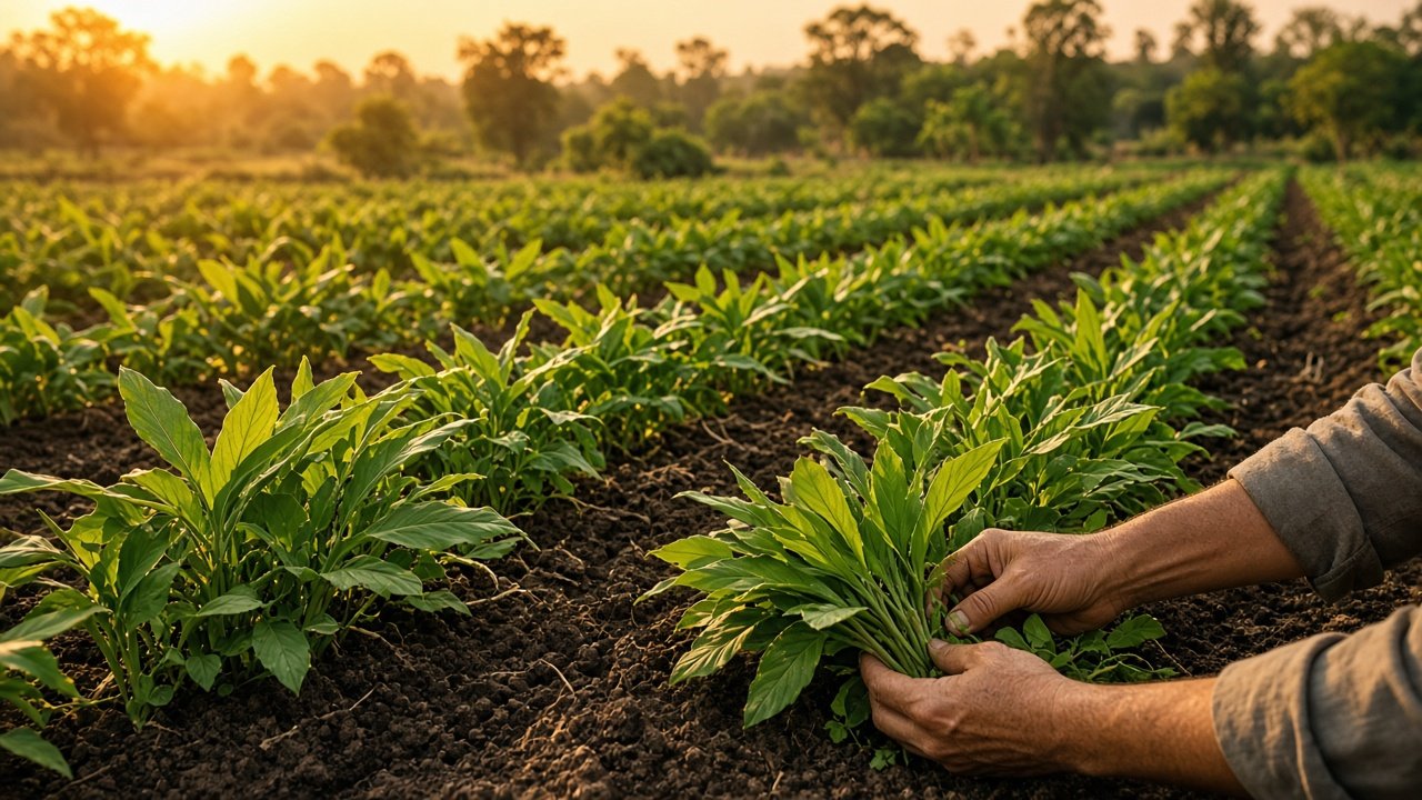 Golden-hour medicinal herb farm with hands harvesting leaves, representing sustainable sourcing